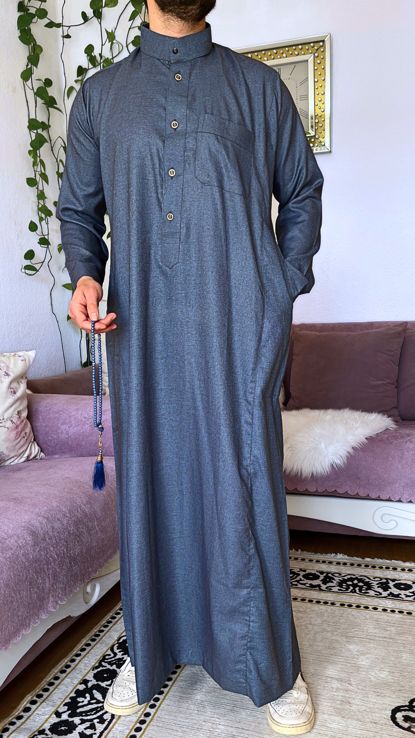Men's Thobe Dark Blue + FREE Miswak