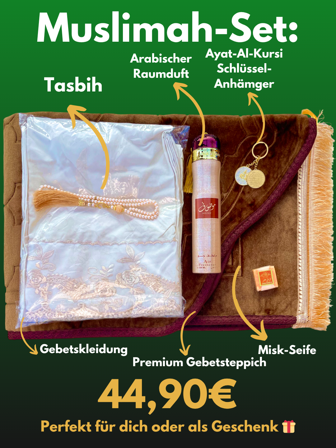 Muslimah-Set🧕🏼: Personalisierter Gebetsteppich + Gebetskleidung & weitere Geschenk