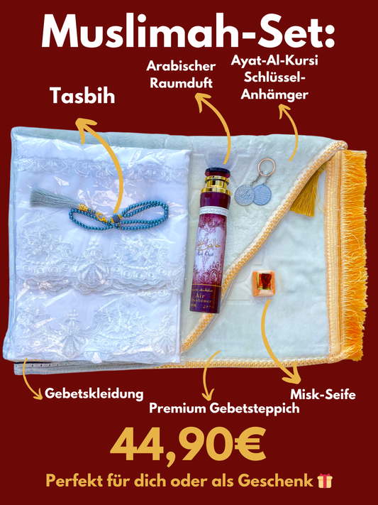 Muslimah-Set🧕🏼: Personalisierter Gebetsteppich + Gebetskleidung & weitere Geschenk