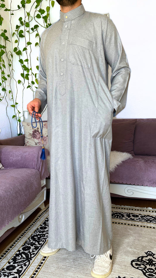 Men's Thobe Light Grey/striped + FREE Miswak