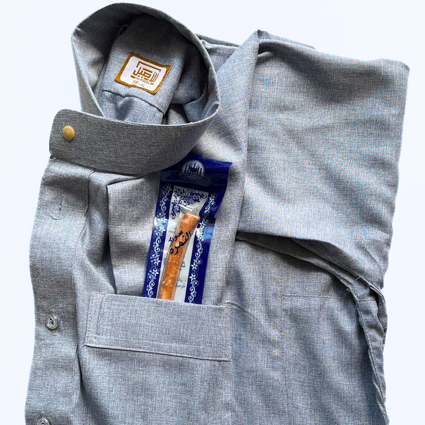 Men's Thobe Light Grey/striped + FREE Miswak