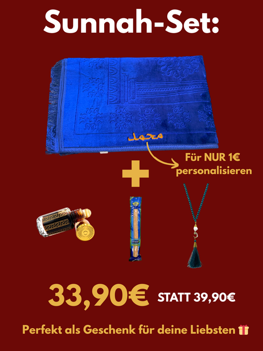 Sunnah-Set: Personalisierter Gebetsteppich + Miswak, Tasbih, & Misk