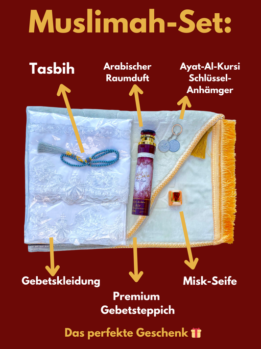 Muslimah-Set🧕🏼: Personalisierter Gebetsteppich + Gebetskleidung & weitere Geschenk