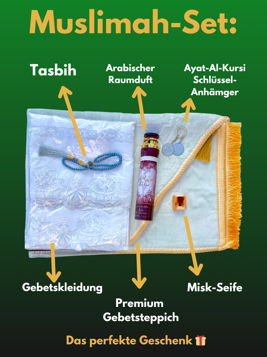 Muslimah-Set🧕🏼: Personalisierter Gebetsteppich + Gebetskleidung & weitere Geschenk