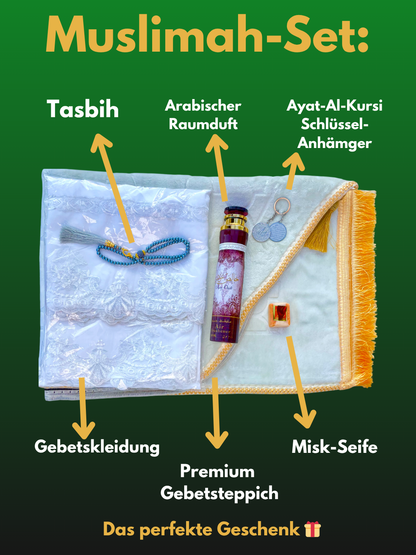 Muslimah-Set🧕🏼: Personalisierter Gebetsteppich + Gebetskleidung & weitere Geschenk